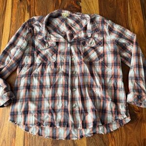 Democracy Women’s Plaid Flannel Shirt Shacket Sz XL Raw Hem Pockets XL